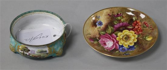 A Royal Worcester saucer dish, painted with flowers, and a South Staffordshire enamel salt, dish 9cm